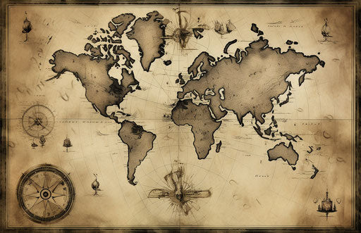 World map and compass, black and white ink drawing style