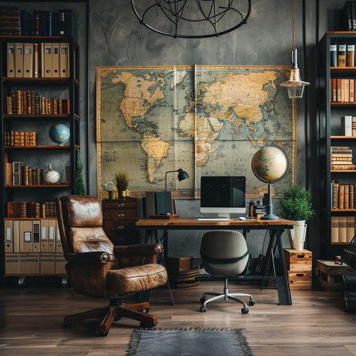 Home office with large map for travelers and global workers