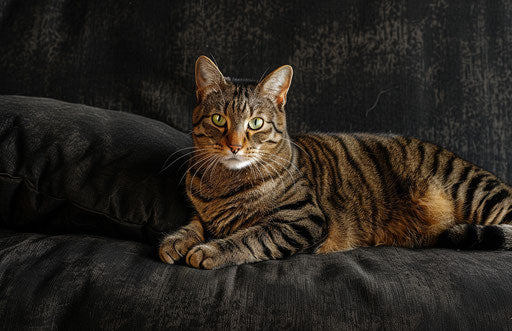 Tabby cat sitting on a black couch, in the style of Bengal School of Art, Sumatraism 17:11