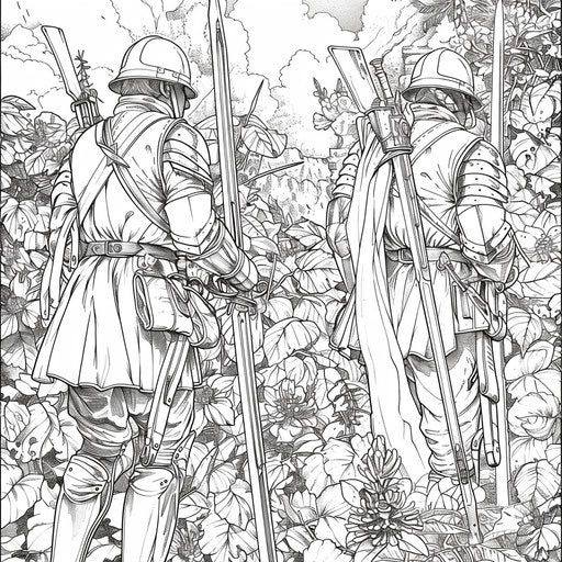 Soldiers with detailed scenery, Edward Julius Detmold style, coloring