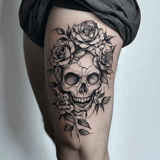 Flat thigh tattoo sketch with skull and dark roses