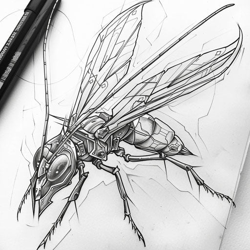 Detailed sketch of a wasp with intricate wings and sharp angular lines