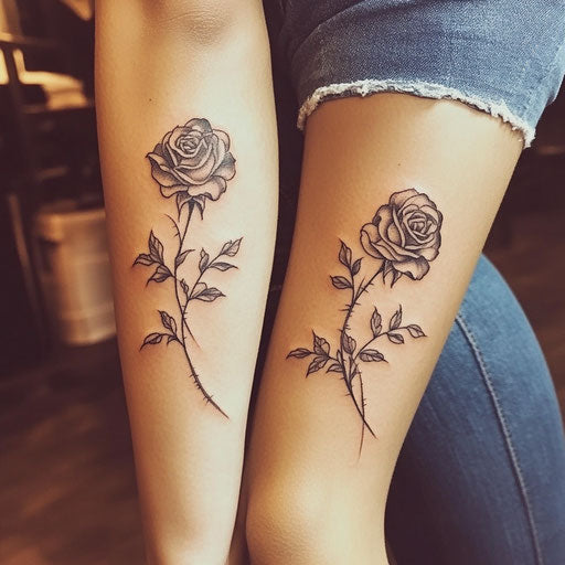 Mother daughter tattoos with intertwined pair of roses, Ed Hardy style