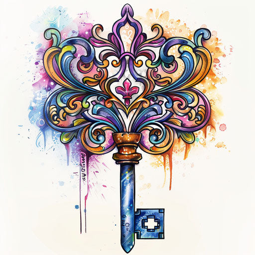 Vibrant and colorful tattoo sketch of a vintage key in clipart style