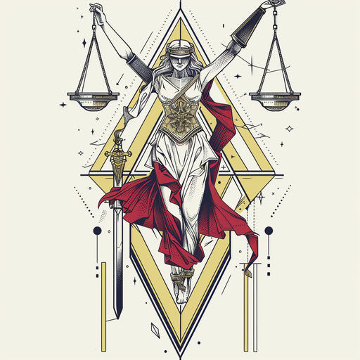 Geometric art style tattoo of Justice tarot card