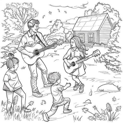 Dad playing guitar while children dance around.