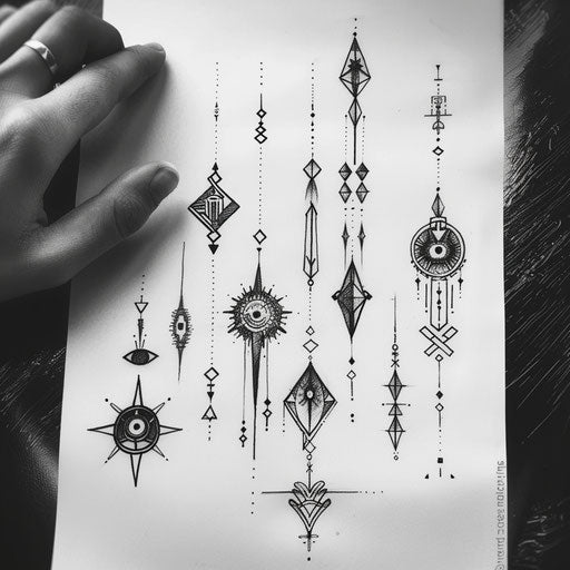 Modern flat tattoo sketch of magical glyphs
