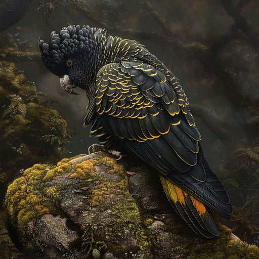 Yellow-tailed black cockatoo resting on a mossy rock