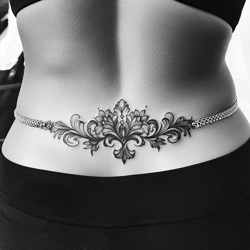 Lower back tattoos for women on Pure White Background in the style of Humberto Ramos