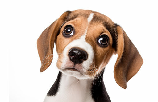Beagle puppy gazing upwards on white backdrop, reductionist form, petcore 17:11