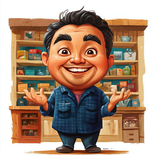 Humorous caricature of a shop character with human characteristics