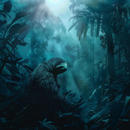 A sloth meandering through a dreamy misty jungle at dawn.