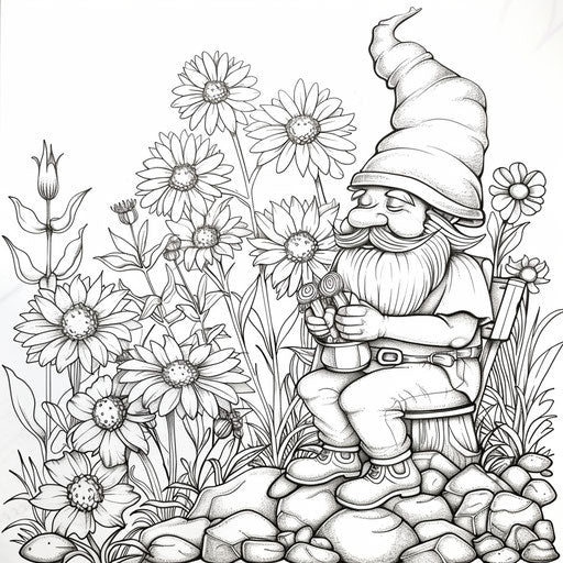 A garden gnome tends to flowers. Coloring book page