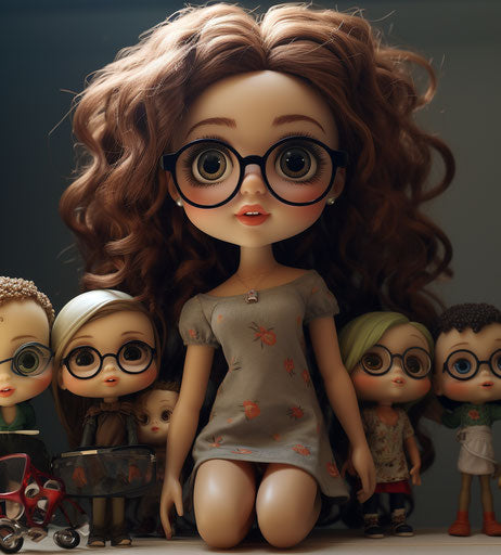 Doll with eyeglasses in front of other dolls, cartoon realism