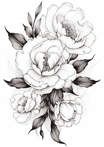 Peony flower portrait in black and white tattoo-inspired style