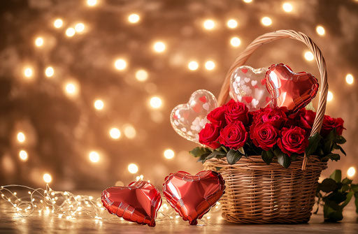 Valentine's Day background, heart-shaped balloons and roses in a basket, photography backdrop, flowers and lights 29:19