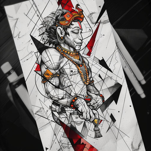Abstract flat tattoo sketch with Hanuman in fragmented modern art style