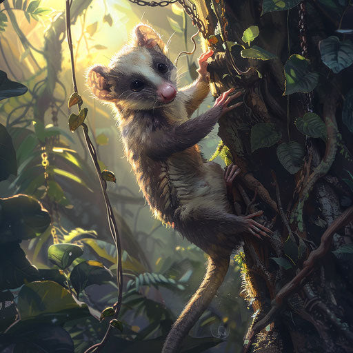 Possum climbing a vine-covered tree in a tropical rainforest