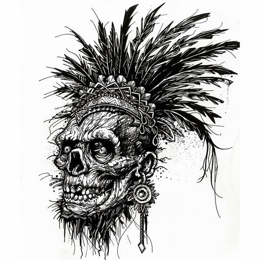 Flat tattoo sketch of a shrunken head with a decorative headdress