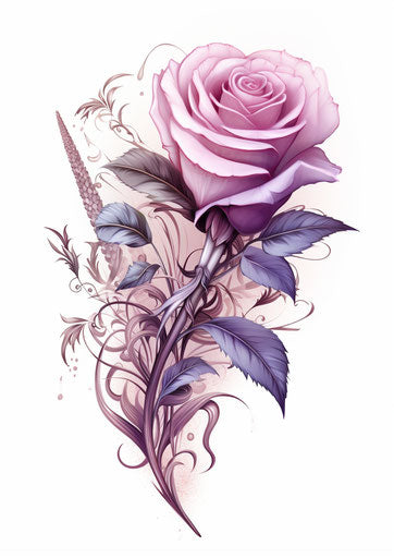 Rose tattoo with detailed feather, twisted branches