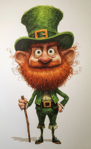 Caricature of an Irish leprechaun with ginger hair and red beard, wearing a green top hat, holding a walking stick
