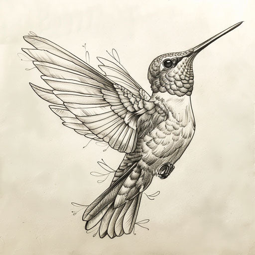 Sketch of a detailed hummingbird in mid-flight in flat tattoo style clipart