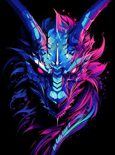 Dragon in blue and pink, meticulous line work style