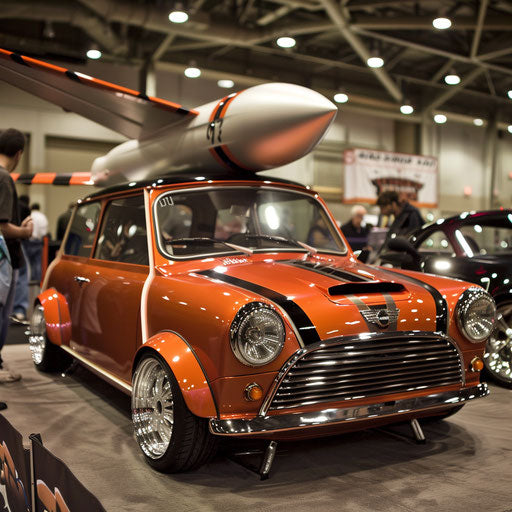 Retro-futuristic Mini Cooper with jet engine