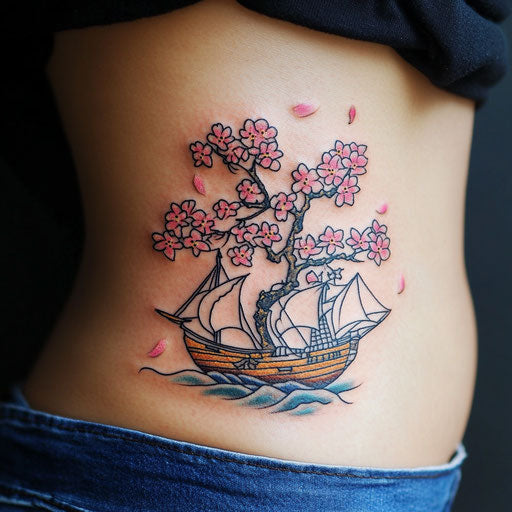 Cherry blossom tree tattoo in the style of Sailor Jerry with a traditional ship sailing through the blossoms on the ribcage