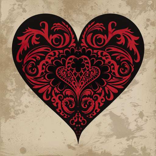 Deep red heart silhouette with black lace patterns