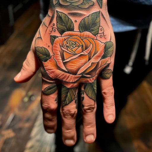 Rose hand tattoo in the style of Glenn Fabry with a realistic, detailed rose