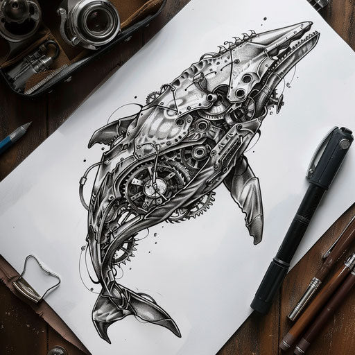 Sci-fi tattoo sketch of a mechanical whale