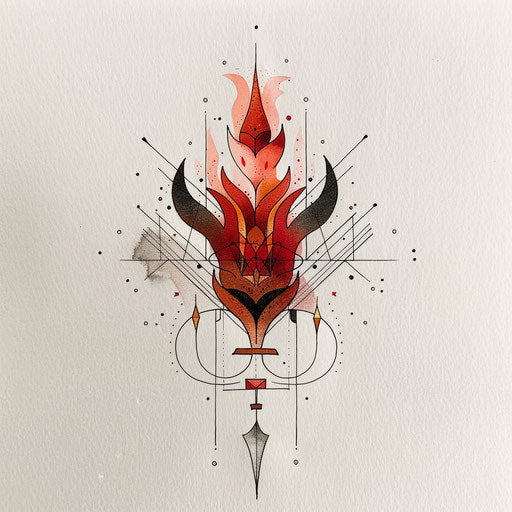 Flame tattoo with art deco elements on white canvas