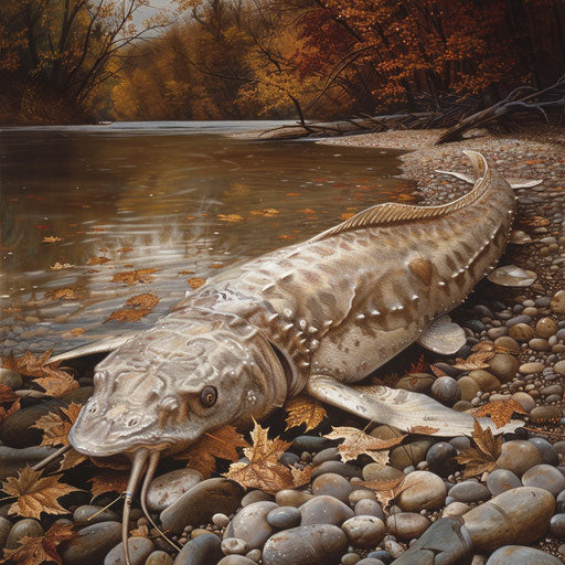 Ancient white sturgeon near riverbank with autumn colors