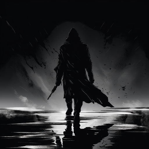 Silhouetted walker in animated style, black and white portraits