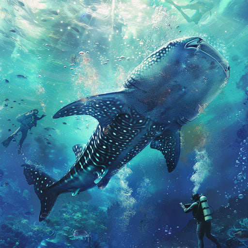 Graceful whale shark dancing with bubbles in the background