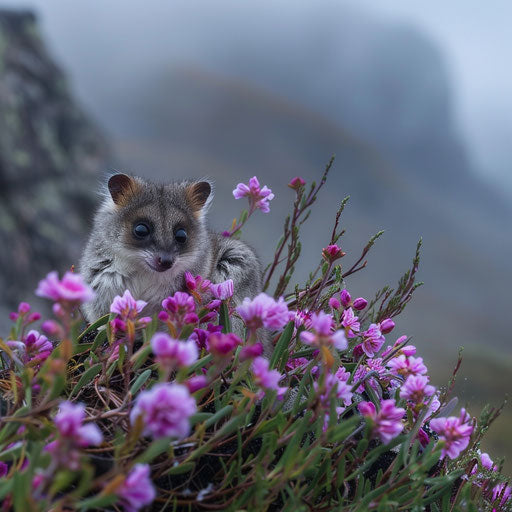A mountain pygmy possum nestled in a flowering shrub, at dawn