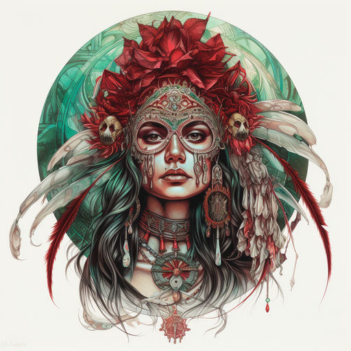 Woman with skull tattoo, Indian pop style, emerald and crimson