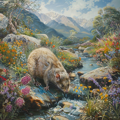 White-tail possum drinking from crystal-clear mountain stream