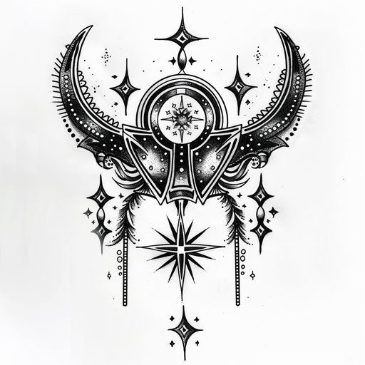 Bold black and white tribal tattoo sketch of Gemini constellation