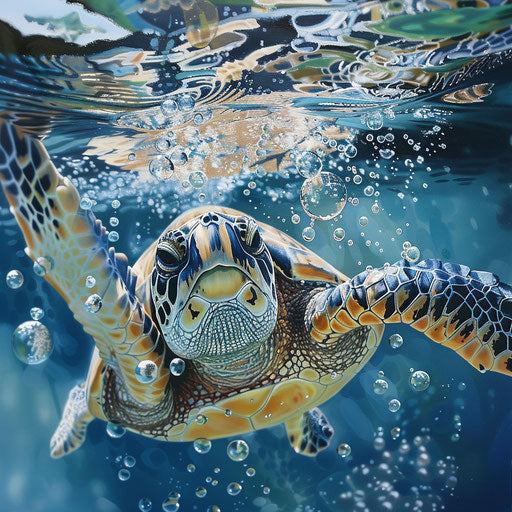 Hawksbill sea turtle swims under bubbles reflected above