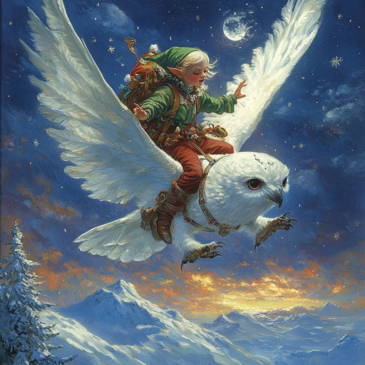 The elf and snow owl in the twilight sky