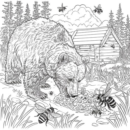 A brown bear chasing bees around a beehive