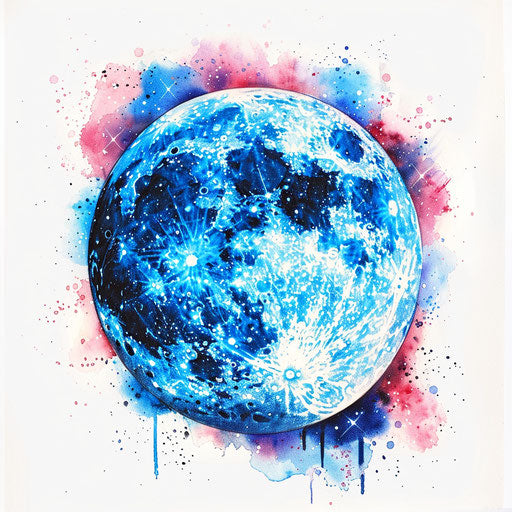Full moon surrounded by galaxy of stars watercolor painting