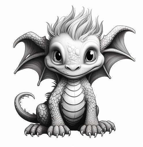 Illustrated baby girl dragon, white background, meticulous inking