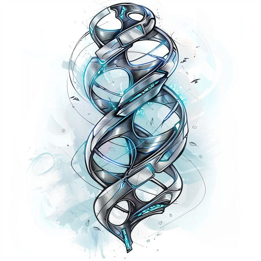 Futuristic DNA tattoo sketch with silver and blue