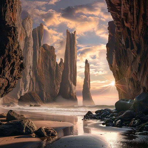 Majestic sunny beach with towering rock formations