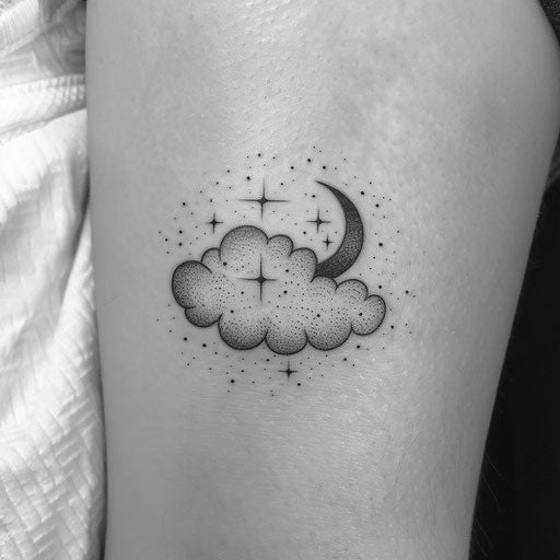 Celestial cloud with stars and crescent moon in black on white