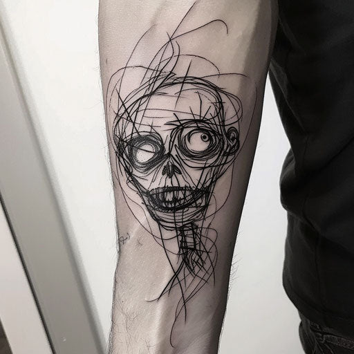 Shrunken head with minimalist black and white tattoo lines