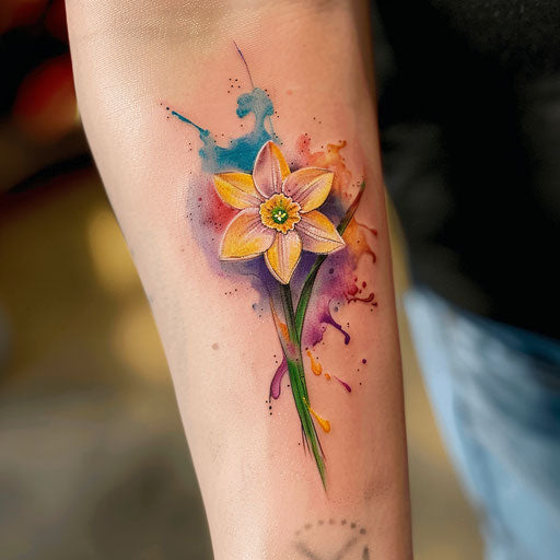 Watercolor December Narcissus tattoo, vivid colors on white background
